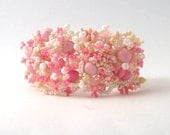 Beaded Bracelet, Beadwork Bracelet, seed bead jewelry, pink creame freeform peyote bracelet, summer fashion
