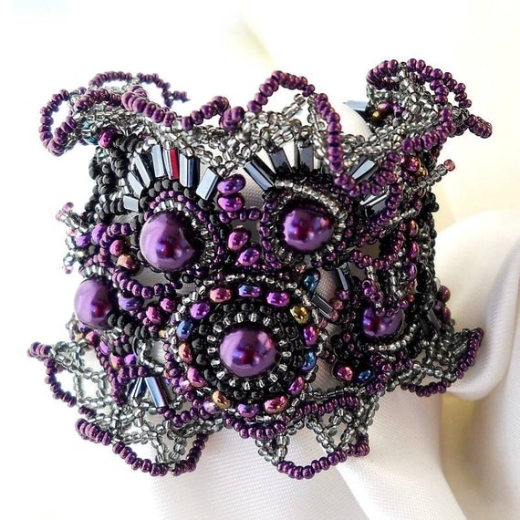 Freeform freestyle Beaded Cuff Bracelet Purple lilac black silver, Unique gift Ooak jewelry