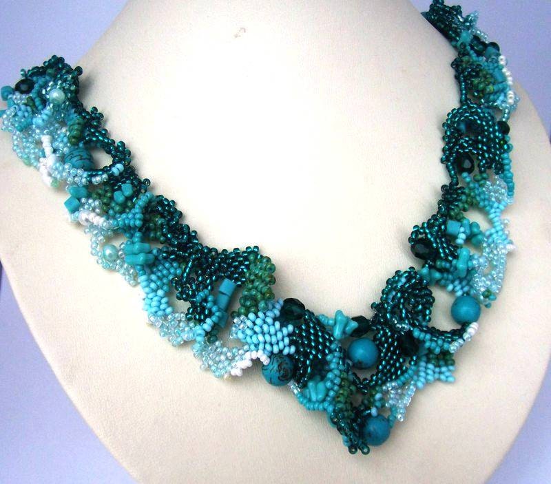 Beaded jewelry. Freeform peyote beaded art necklace, turquoise, teal, aquamarine, one of a kind jewelry, unique gift, summert 2012