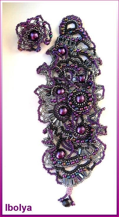 Freeform freestyle Beaded Cuff Bracelet Purple lilac black silver, Unique gift Ooak jewelry