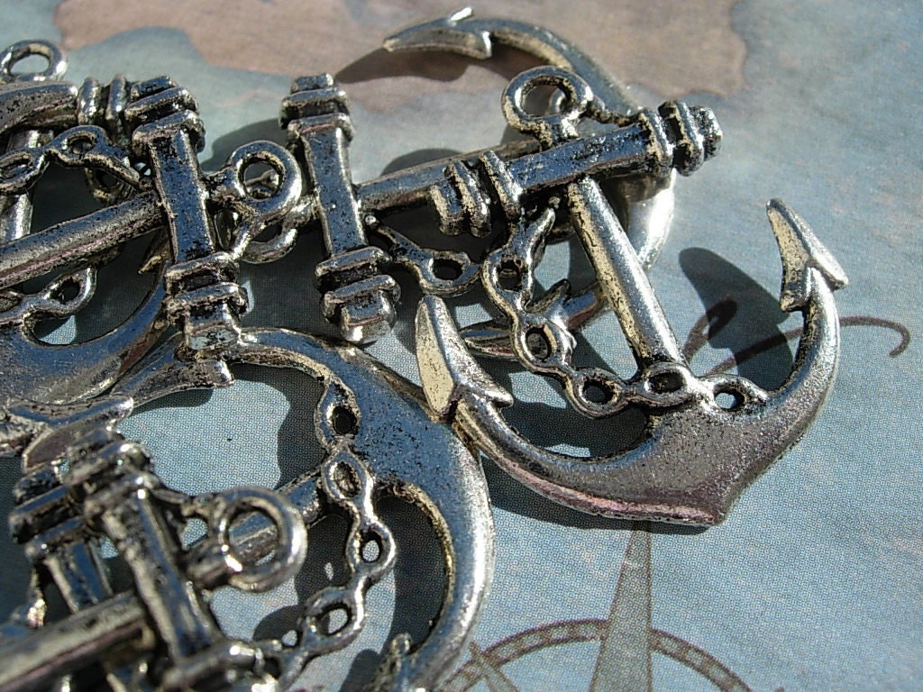 6 Large ANCHOR Charms Silver finish - D.I.Y. Nautical Jewelry Making Ocean Marine
