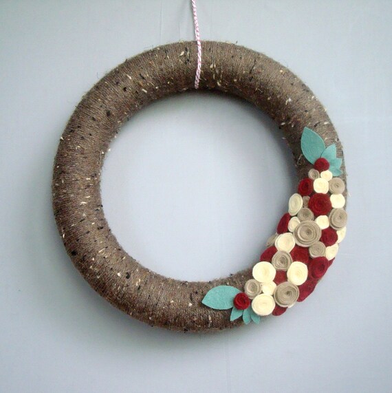 Fall Yarn Wreath, Harvest Taupe Brown Autumn Door Wreath with Cream, Brick and Tan Felt Flowers. 12 Inch. Heartfelt Yarn Wreaths