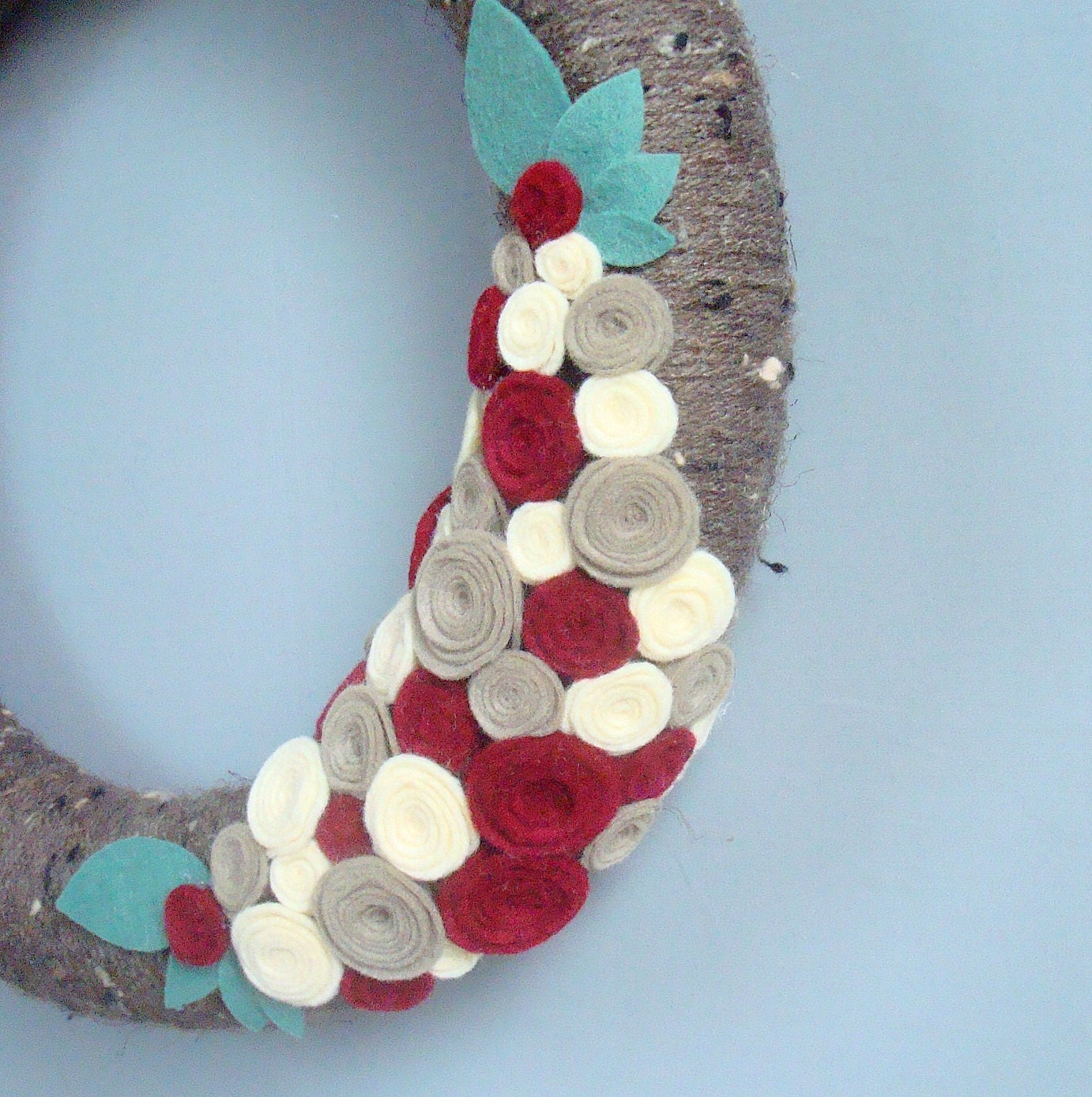 Fall Yarn Wreath, Harvest Taupe Brown Autumn Door Wreath with Cream, Brick and Tan Felt Flowers. 12 Inch. Heartfelt Yarn Wreaths