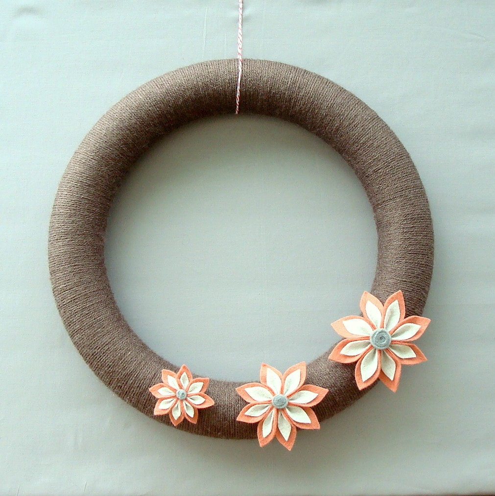 Autumn Door Wreath Yarn Wreath & Felt Flowers - Taupe, Coral, Cream, Grey, Ivory, Lilies - Fresh Honeysuckle
