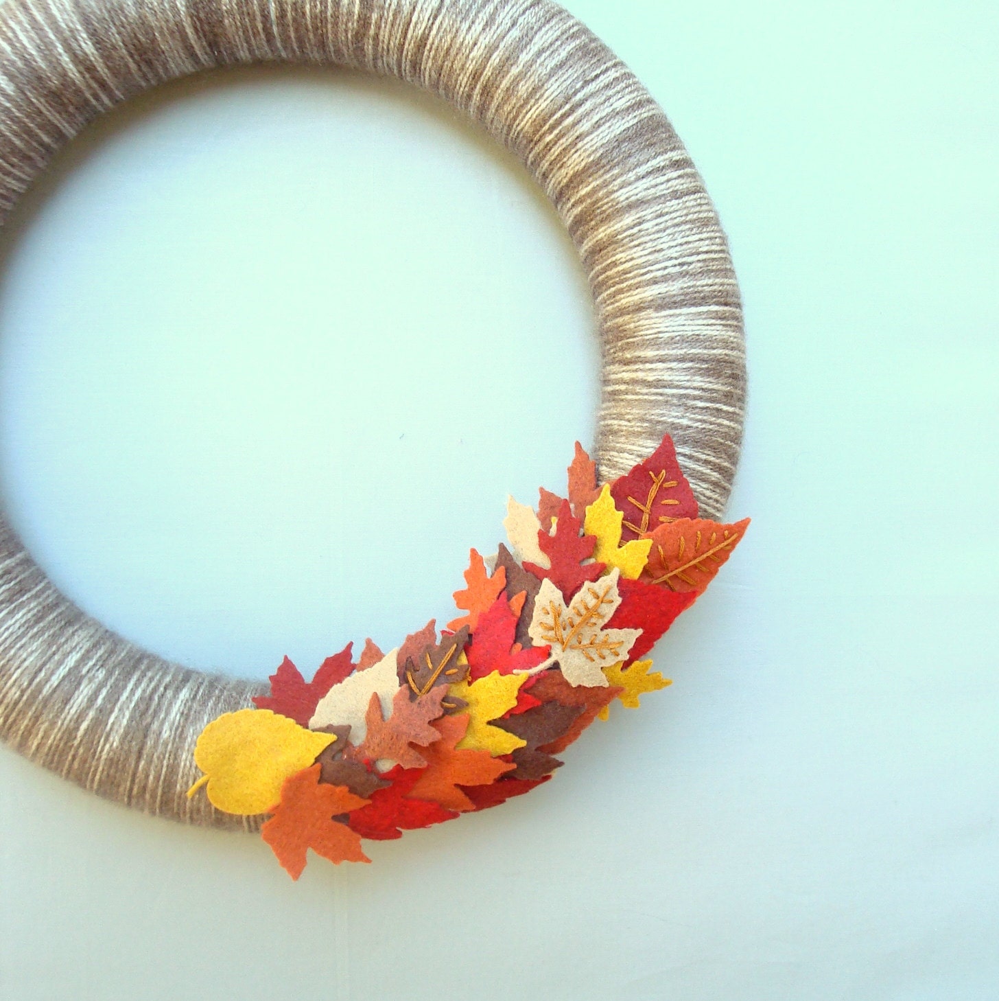 Yarn Wreath - Autumn, Fall Door Wreath.  Felt leaves, Brown, Red, Orange, Yellow, Burgundy - Perfect for Fall - Harvest Colours.