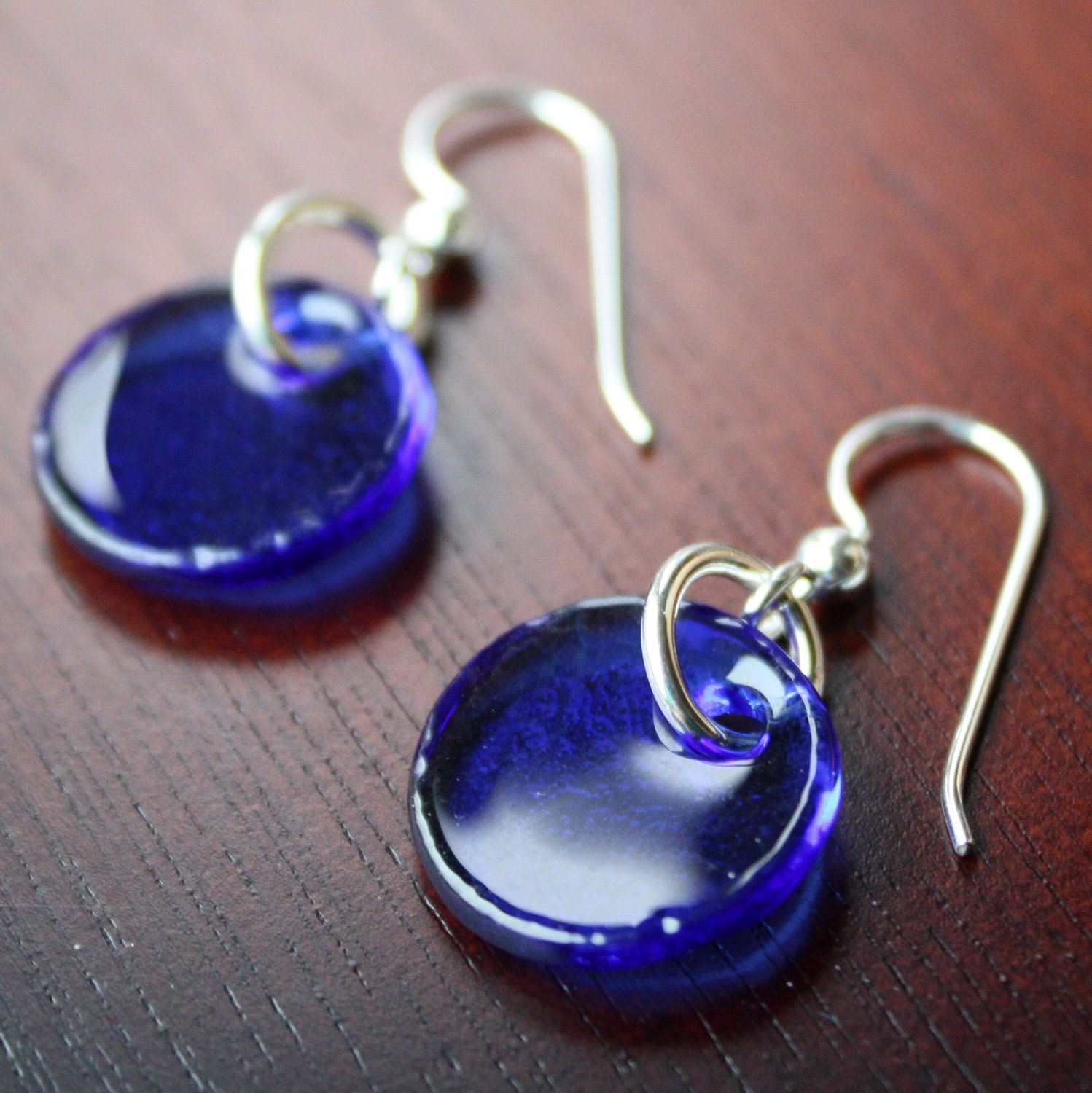 BLUE Wine Bottle Earrings, Recycled Glass, Upcycled Jewelry, Circles, Handmade Earrings, Sterling Silver Jewelry, Dessin Creations