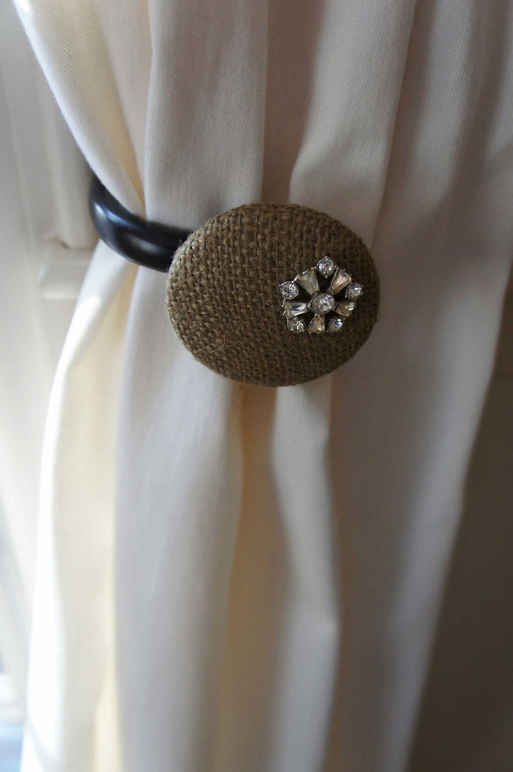 Curtain Tie Backs Burlap Brown Vintage Rhinestone Cottage Chic Shabby Chic Upscale Downhome
