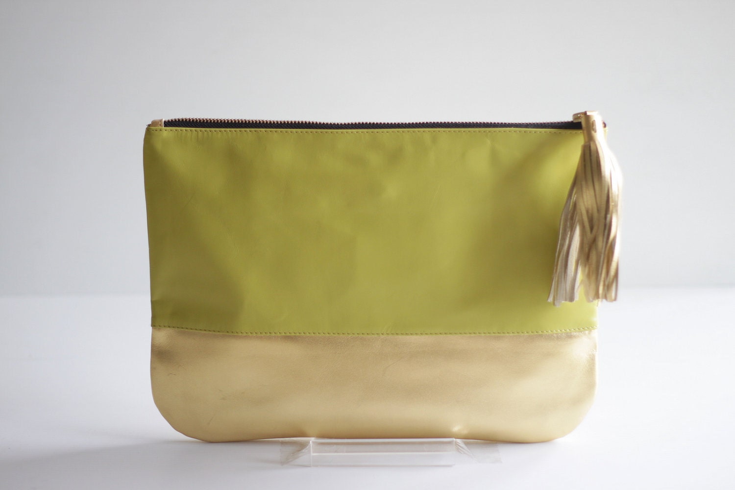 COLORBLOCK- Two-toned Leather Clutch in Citrus Green and Gold