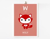 Children decor, Kids wall art Alphabet poster W is for Wolf 8x10 art print - Animal with pocket