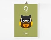 Alphabet poster O is for Owl 8x10 art print - Animal with pocket