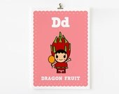 Kids wall art, Alphabet poster D is for Dragon Fruit 8x10 art print