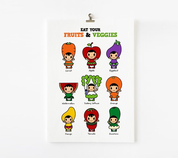 Kitchen art decor, Kids wall art, Eat your fruit and veggies 8 x 10 art print