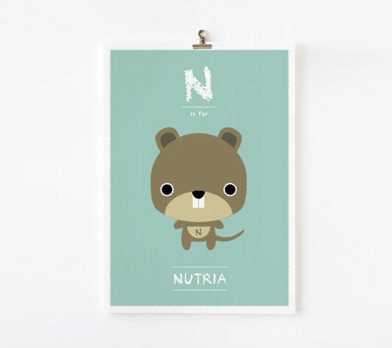 Alphabet poster N is for Nutria 8x10 art print, wall art
