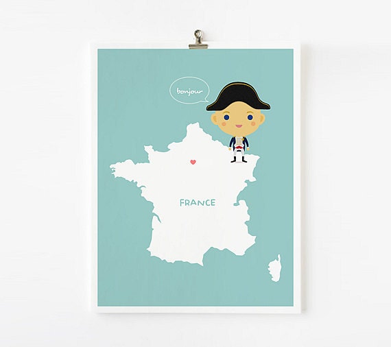 Personalized Children Decor Custom France Map with adorable children in traditional costumes 8 x 10 Art print