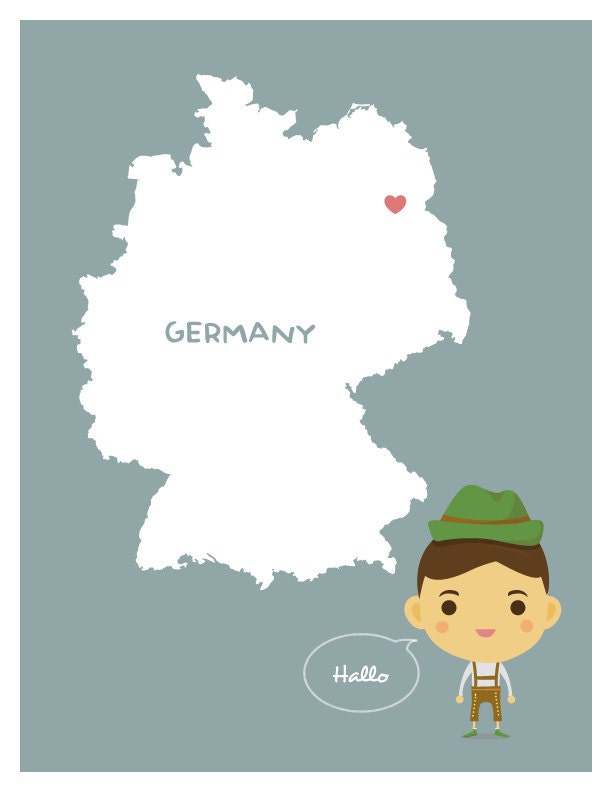 Personalized Children Decor Custom Germany Map with adorable children in traditional costumes 8 x 10 Art print