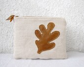 Leather leaf appliquéd Clutch purse cosmetic bag zipper pouch, natural canvas