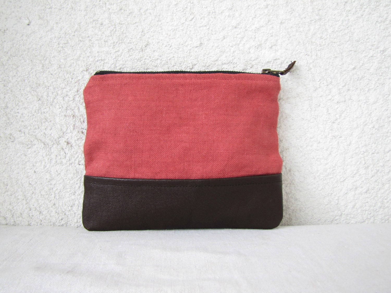 Linen and leather, clutch purse, cosmetic bag, make up bag, vintage upcycled leather bottom