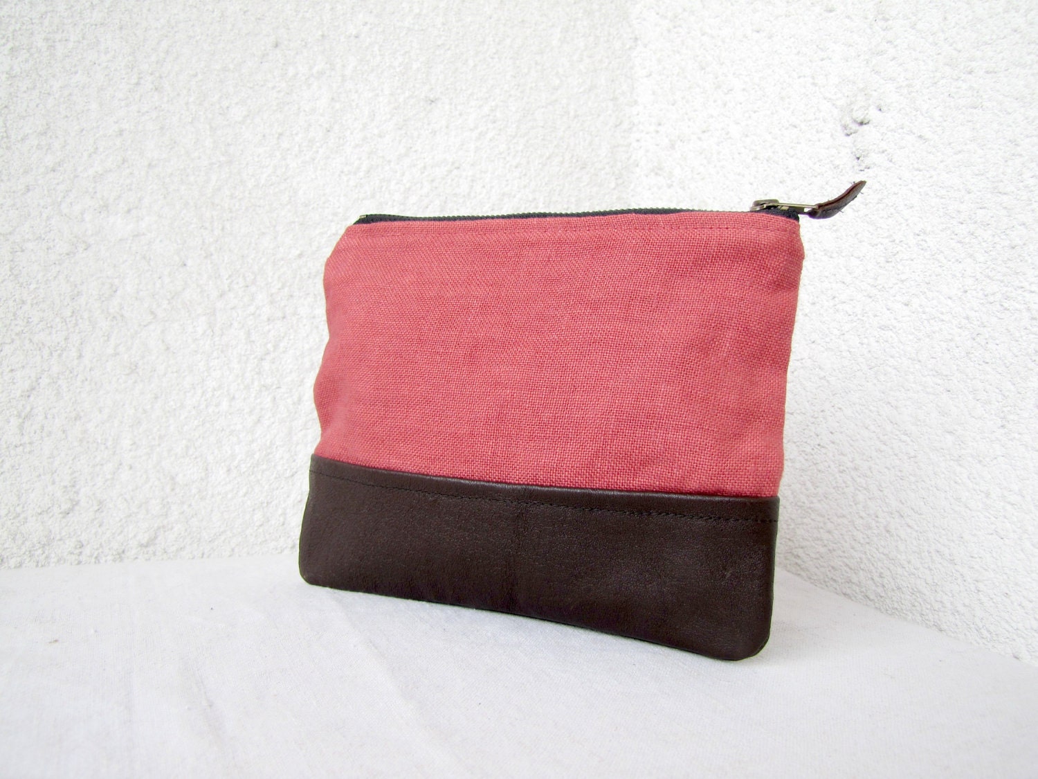 Linen and leather, clutch purse, cosmetic bag, make up bag, vintage upcycled leather bottom