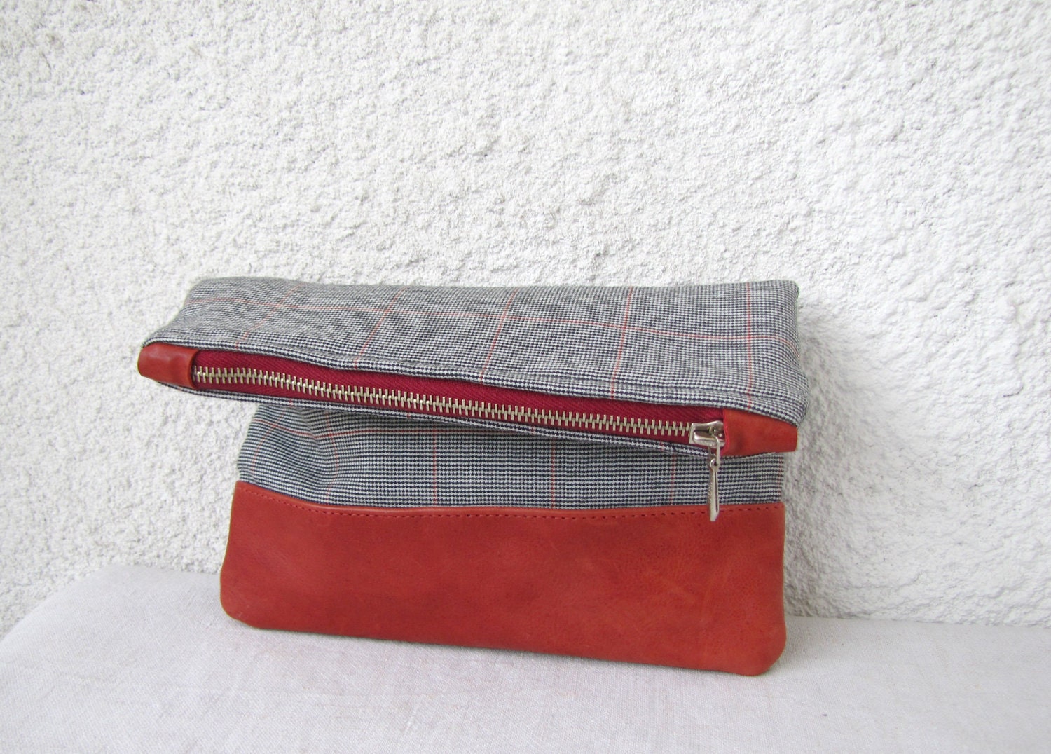 Fold over clutch Leather bottom and Vintage Wool Fabric