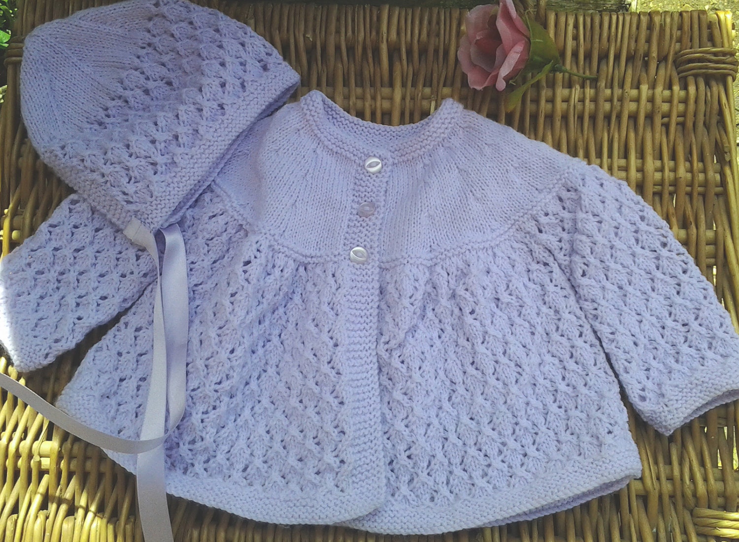 Baby Girl's traditional lilac / mauve Diamond lace matinee jacket and bonnet. Diamond Jubilee inspired.