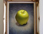 Yellow apple painting, still life, framed original art, ornate frame