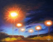 Night landscape Art Print - Nght Sky and Street Lights in Blue and Orange