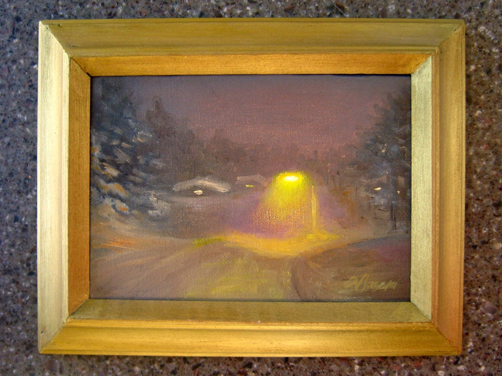 Winter night painting, snowy landscape, framed original art