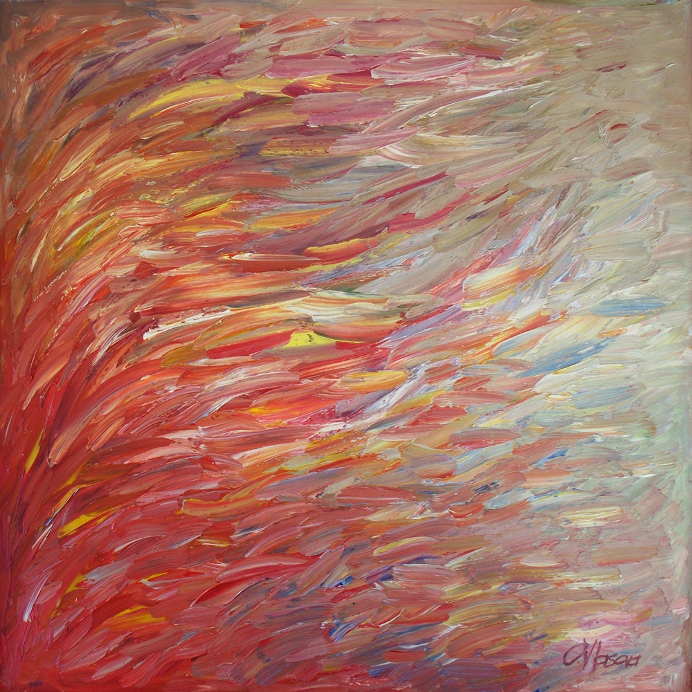 Abstract art print, in red and gray, square, 10" x 10"