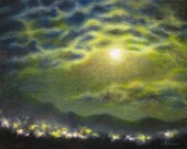 Night landscape art print, mountains, full moon and clouds