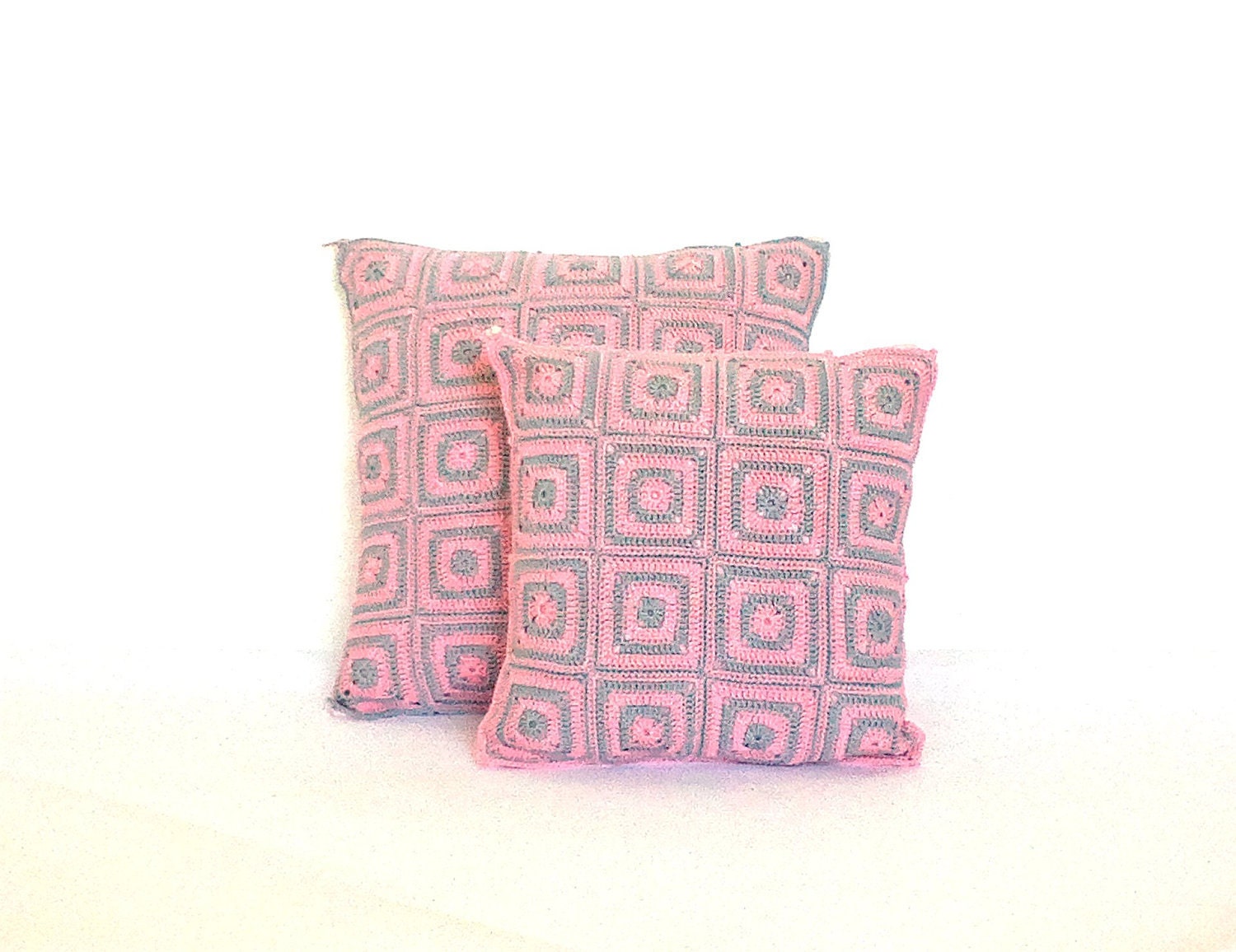Blush rose gray crochet cushion pillow covers set, square crochet decorative pillow, 15x15 and 12x12 inches accent pillow set, granny pillow - zolayka