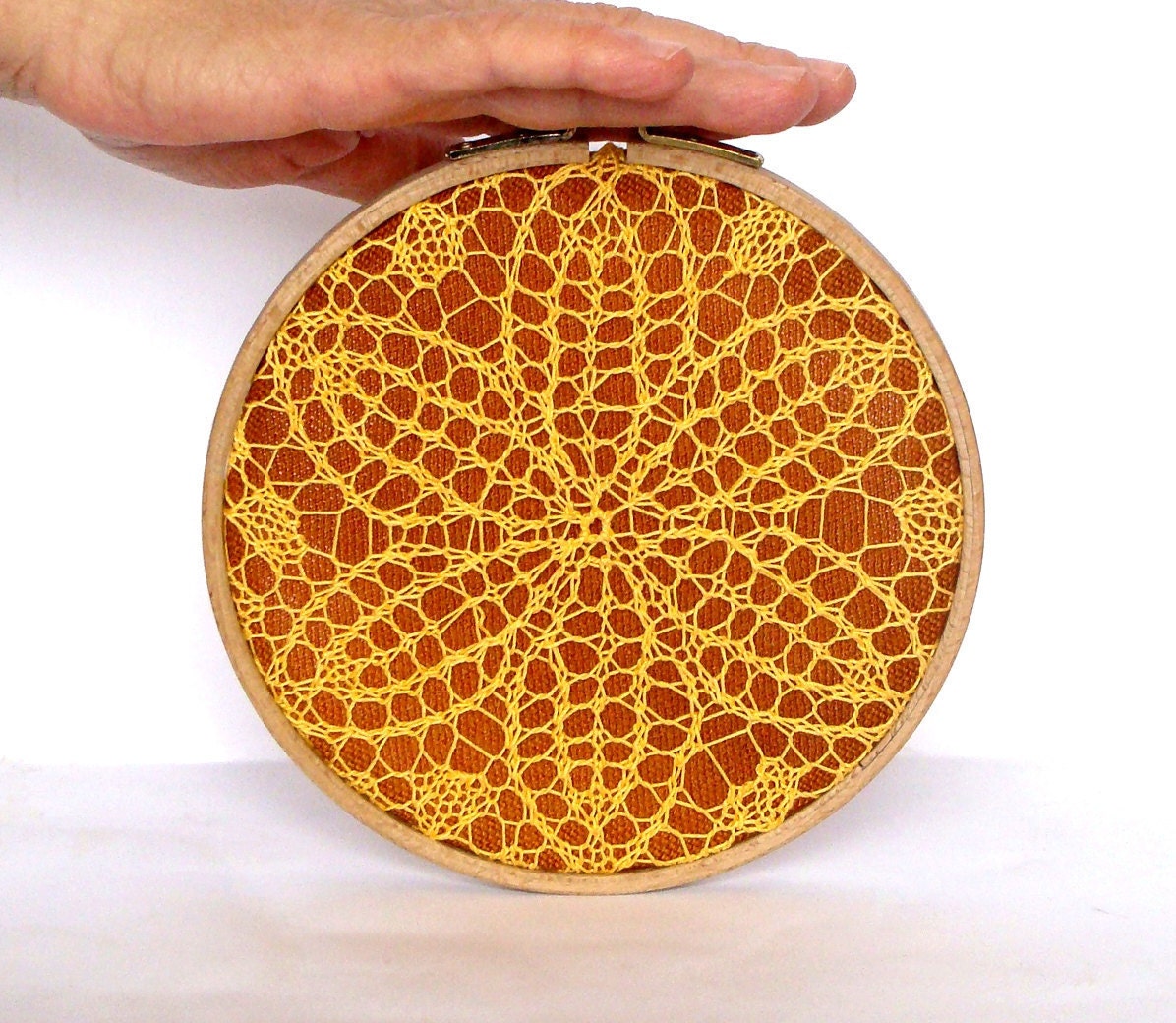 Embroidery Hoop Art - yellow knitted lace - wall hanging house decoration - 6"