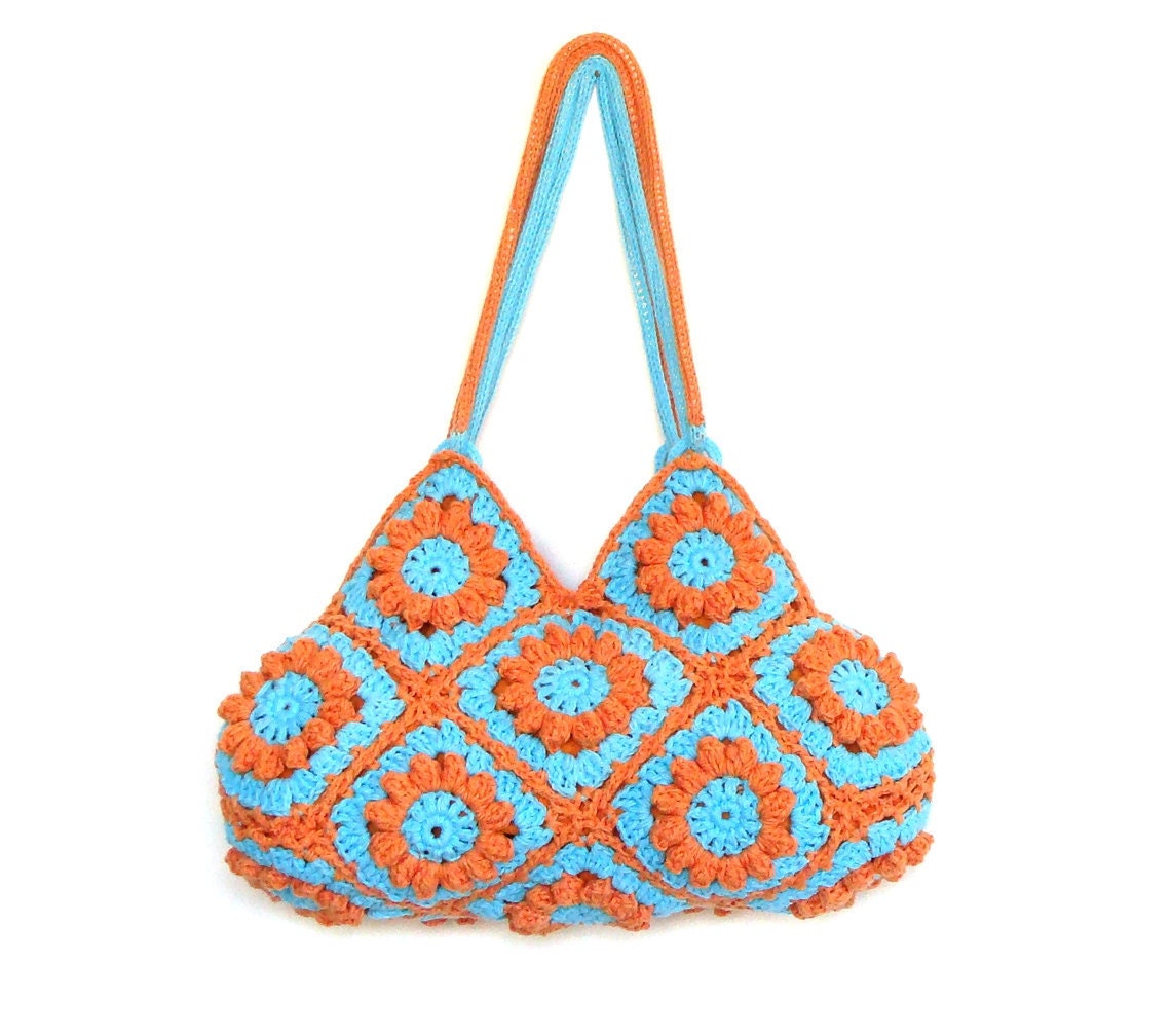Flower crochet purse in turquoise and orange, crochet bag, shoulder bag, handbag