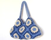 Granny crochet handbag in blue and cream flowers, crochet bag, shoulder bag, purse