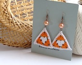 Tangerine orange and white crochet triangle earrings, granny - crochet accessories
