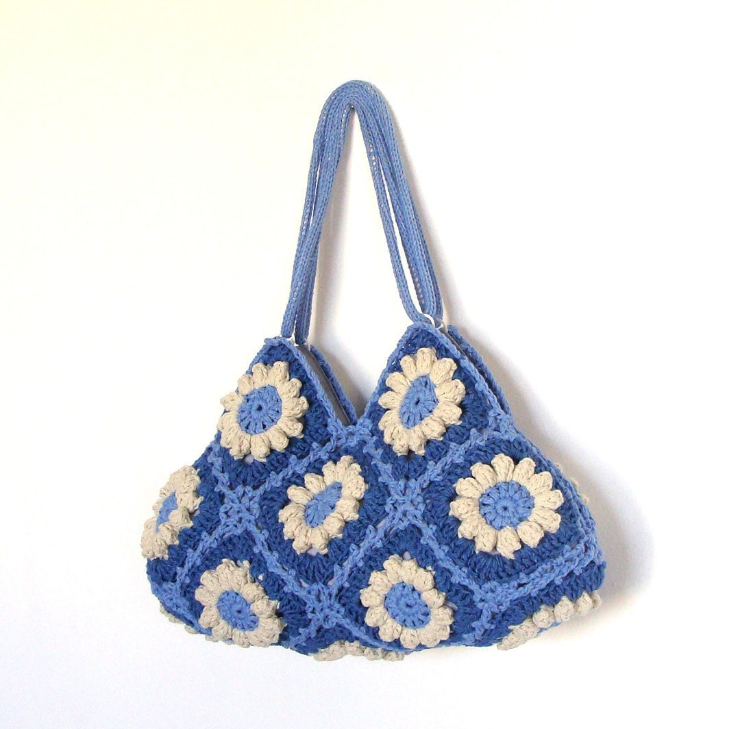 Granny crochet handbag in blue and cream flowers, crochet bag, shoulder bag, purse