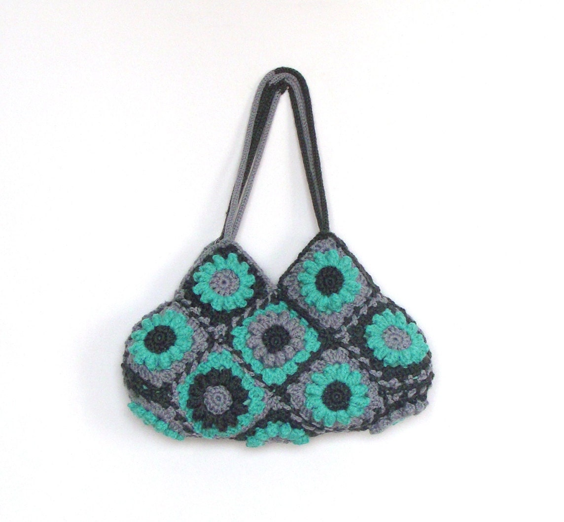 Turquoise flower crochet handbag, floral bag, shoulder bag, purse