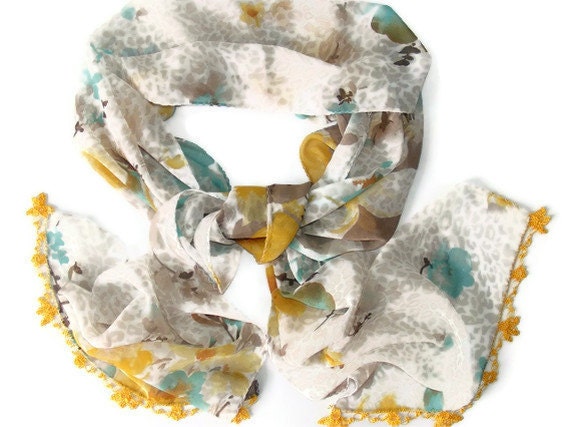fashion scarf chiffon,handmade lace,Oya,special,unique accessories,yellow and blue,multicolor scarf,soft,fashion scarf,for her,gift ideas - seno