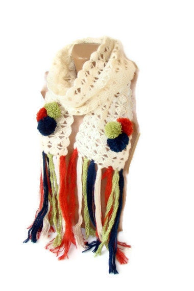 Hand crocheted women scarf, woman fashion, scarf trends, gifts, crochet trends, pom pom, for her