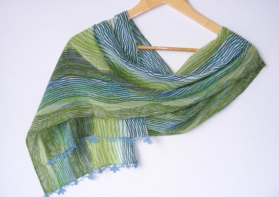 summer fashions,chiffon,colorful,unique,gift ideas,mothers day,stripes,green,blue,scarves,nylon-free,handmade gift scarf, 2012 trends,