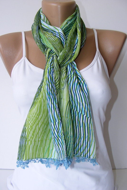 summer fashions,chiffon,colorful,unique,gift ideas,mothers day,stripes,green,blue,scarves,nylon-free,handmade gift scarf, 2012 trends,