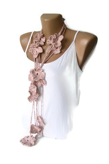 Mothers day gifts ,women, linen Crochet Pink Flower Lariat Scarf, Fashion Flower Scarves, Necklace, crocheted scarves
