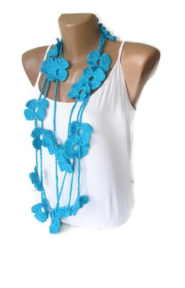 Crochet Blue Flower women Lariat Scarf, Fashion Flower Scarves, Necklace, crocheted scarves