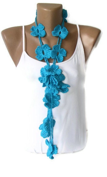 Crochet Blue Flower women Lariat Scarf, Fashion Flower Scarves, Necklace, crocheted scarves