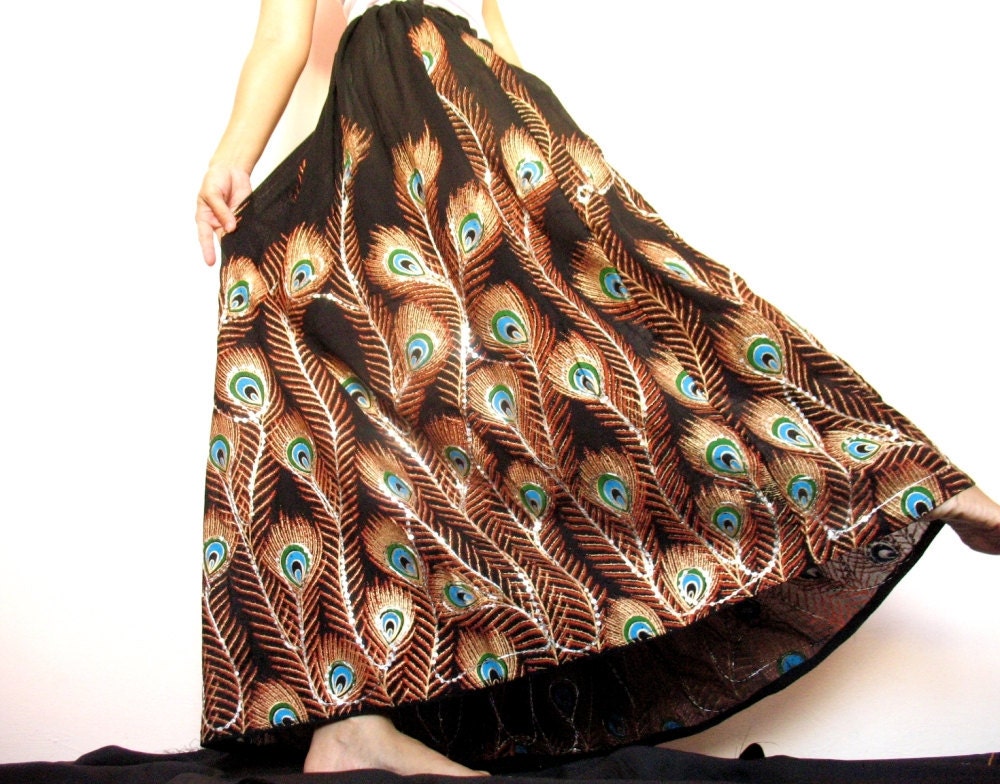 Xmas Gifts Maxi Skirt Peacock Amazing Art On Fabric Hippie Black Cotton Skirt Boho Maxi Skirt
