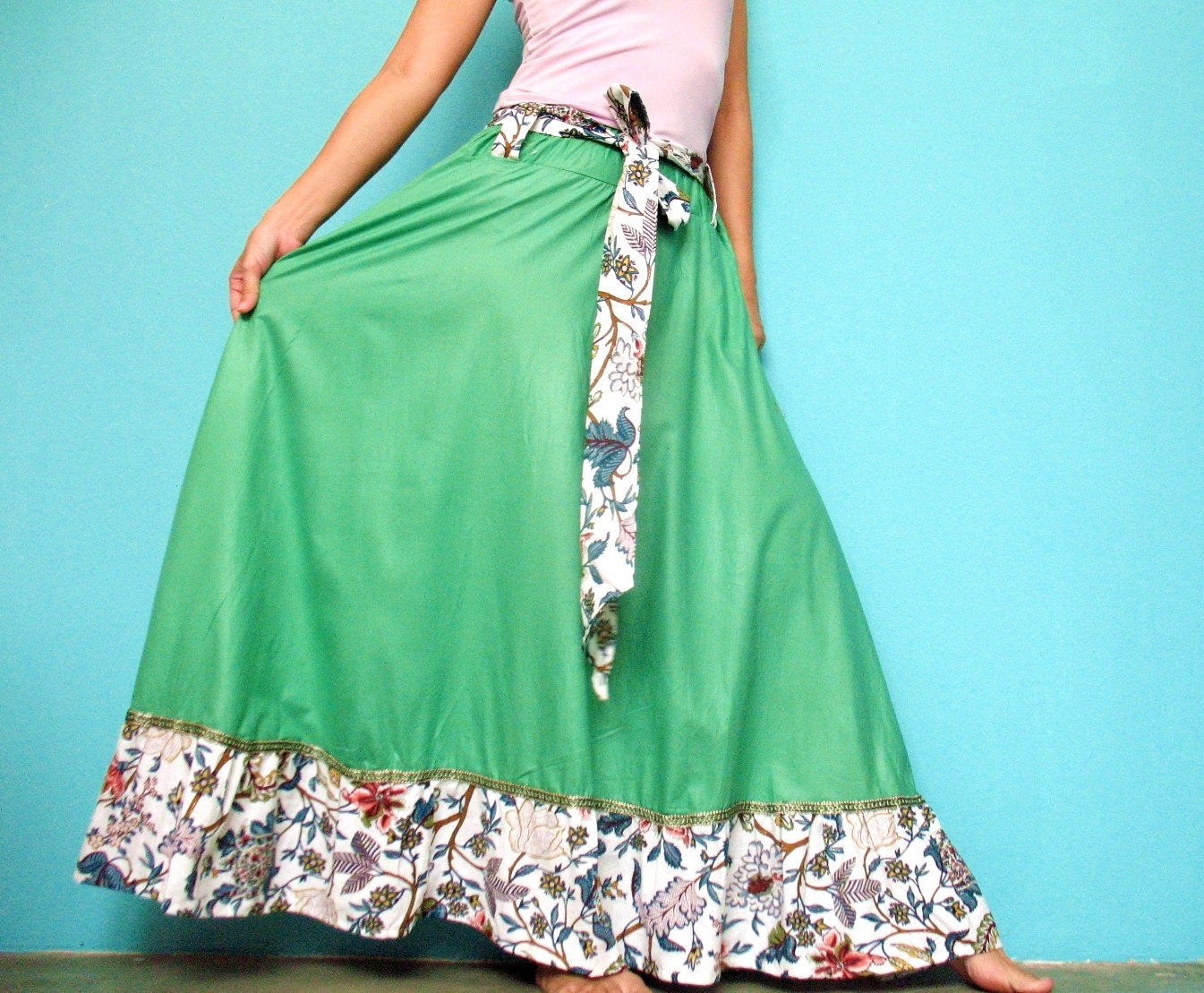 Circle Maxi Skirt Cotton Hippie Green Women Long Skirt / Maxi Dress/ Bridesmaid Hippie Dress