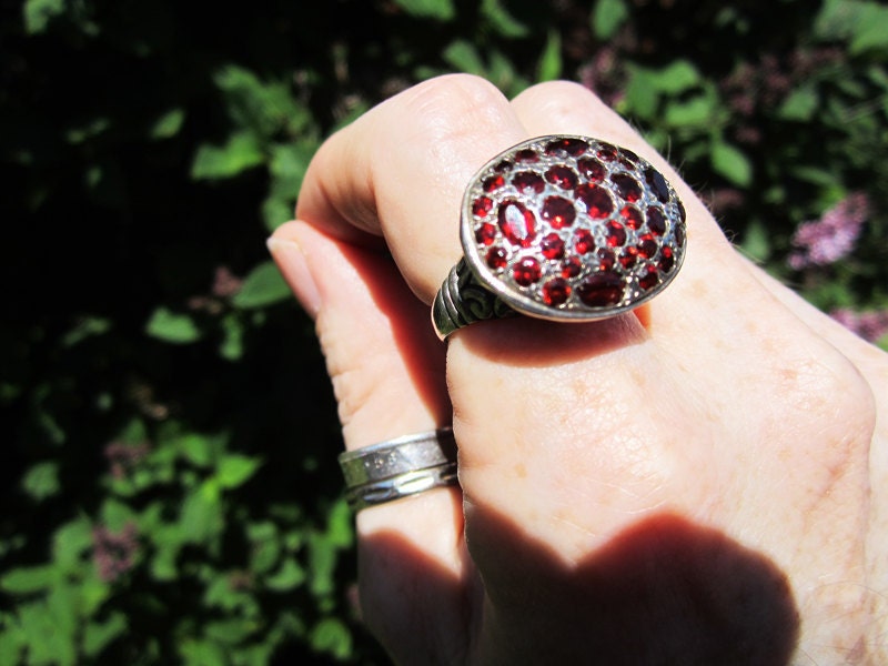 Amazing Pomegranate Garnet Sterling Silver Statement Ring Made in Israel - bigbouvier