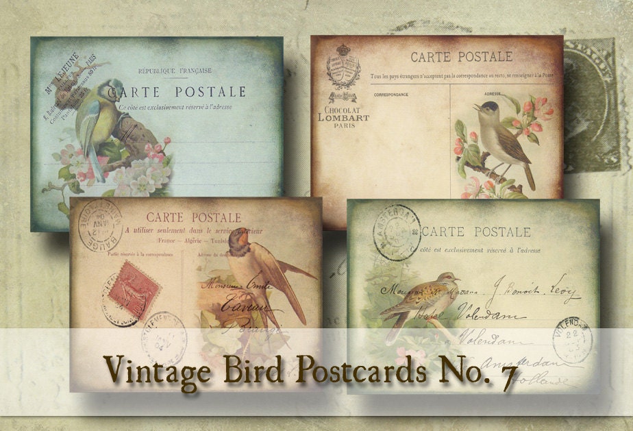 Vintage Bird Postcards No.7-Digital Collage Sheet -BONUS Postcard Backs