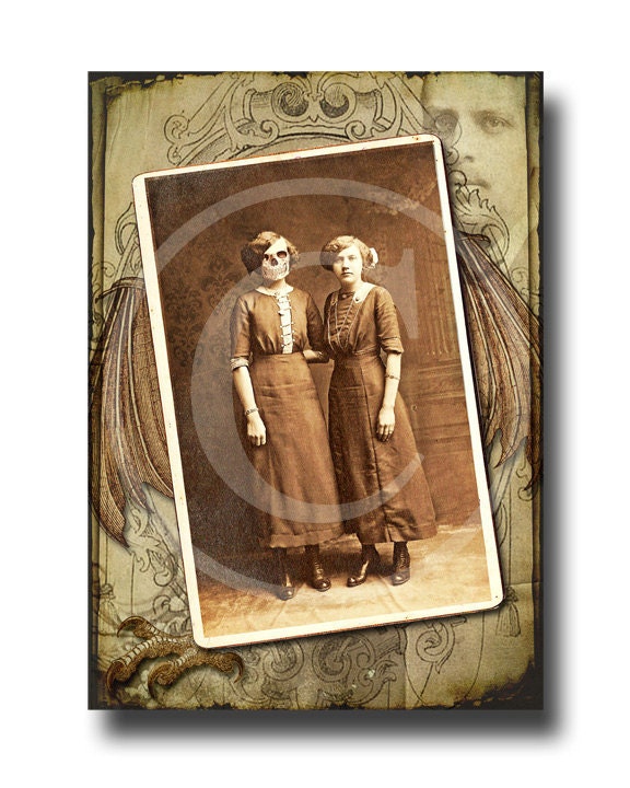 Printable Halloween Portrait 5 x 7 - Skeleton Sisters - Digital Download party invitation spooky