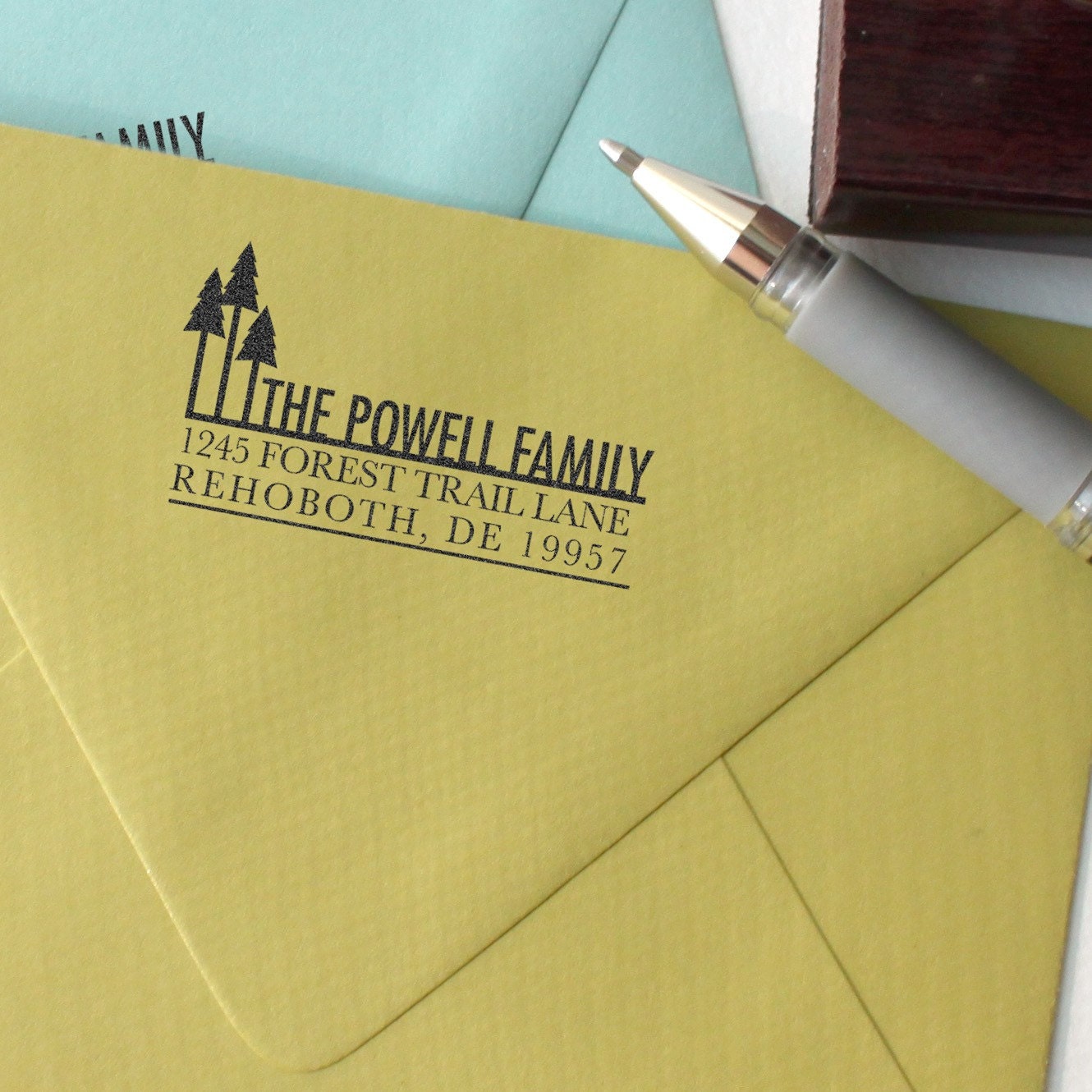 Custom return address stamp with wood handle Forest Design