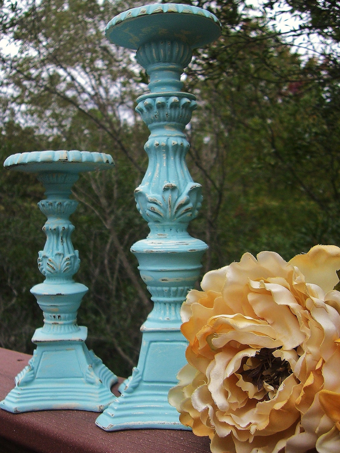 On Sale....Country Distressed Ivory/Robins Egg Blue Candle Holders-12" & 8"  ONE PAIR